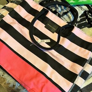 Victoria's Secret Pink and Black Tote Bag with Nautical Stripes